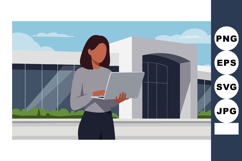 Woman working on laptop outside modern office building vecto Product Image 1
