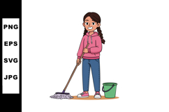 Girl cleaning floor with mop and bucket in casual clothes ve Product Image 1