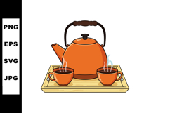Orange tea kettle with two steaming cups on wooden tray vect Product Image 1