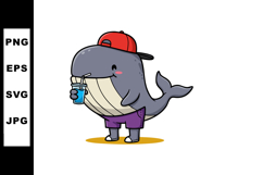 Cute whale cartoon character wearing red cap drinking blue j Product Image 1