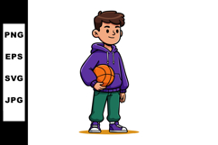 Boy holding basketball wearing purple hoodie and green pants Product Image 1