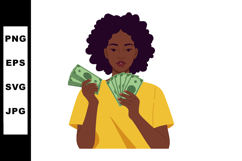 Woman Holding Cash in Yellow Shirt Counting Money Vector Ill Product Image 1