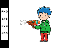 Boy with blue hair playing with water gun in casual clothes Product Image 1