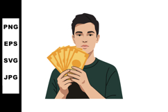 Young man holding orange banknotes money wealth financial su Product Image 1