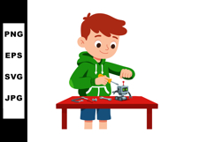Boy assembling small robot with screwdriver on red table in Product Image 1