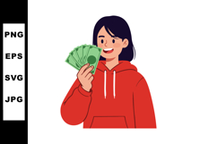 Young woman holding money cash in red hoodie smiling happy v Product Image 1