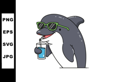 Dolphin wearing green sunglasses drinking water from glass v Product Image 1