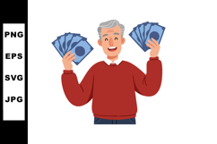 Elderly man holding money bills smiling happily with red swe Product Image 1