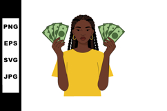 Young woman holding money bills in both hands with yellow sh Product Image 1