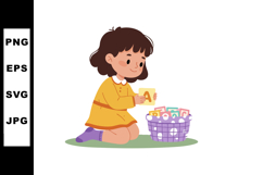 Little girl playing with colorful alphabet cards in basket e Product Image 1