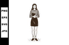Young woman holding book in striped top and skirt standing p Product Image 1