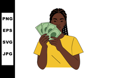 Woman holding cash money fan in yellow shirt vector illustra Product Image 1