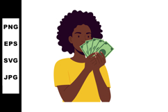 Woman holding money bills in yellow shirt financial success Product Image 1
