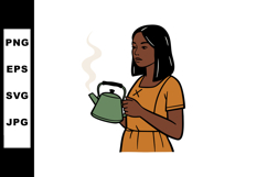 Woman in orange dress holding steaming green kettle vector i Product Image 1