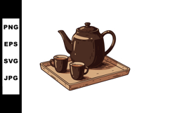 Brown teapot and cups on wooden tray vector illustration wit Product Image 1