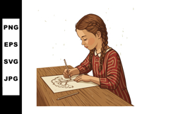 Girl Drawing Tree Sketch at Wooden Table Focused on Art and Product Image 1