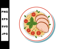 Plate of spaghetti with basil, cherry tomatoes, and chicken Product Image 1