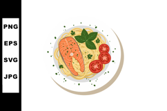 Salmon pasta dish with tomato slices and herbs on white plat Product Image 1