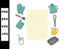 Kitchen utensils and glass with milk surrounding blank recip Product Image 1