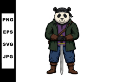Warrior panda character holding sword in green jacket and bl Product Image 1