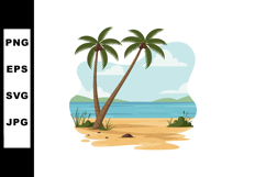Tropical beach landscape with two coconut palm trees and oce Product Image 1