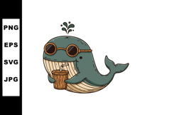 Cute whale character wearing sunglasses drinking beverage ve Product Image 1
