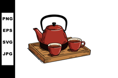 Red teapot with two cups on wooden tray illustration for tea Product Image 1
