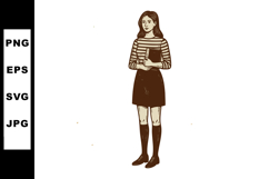 Young woman standing with book wearing striped top and black Product Image 1