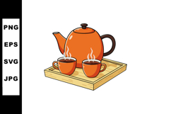 Orange teapot with two steaming cups on wooden tray vector i Product Image 1