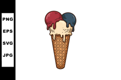 Ice cream cone with three melting scoops red blue and cream Product Image 1