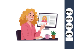 Woman video conferencing at desk with computer monitor pink Product Image 1