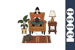 Woman knitting in cozy armchair with cat sleeping on rug and Product Image 1