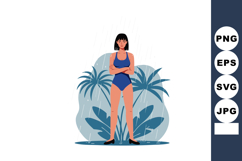 Woman Standing in Blue Swimsuit with Crossed Arms Under Rain Product Image 1