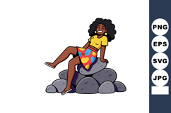 Young woman sitting on pile of rocks smiling in colorful ski Product Image 1