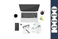 Laptop workspace with coffee cup smartphone glasses and docu Product Image 1