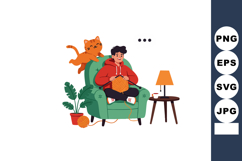Man knitting orange yarn on green armchair with playful cat Product Image 1
