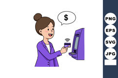 Woman using contactless payment card at purple ATM machine f Product Image 1