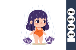 Cute girl in orange swimsuit standing in rain with purple pl Product Image 1
