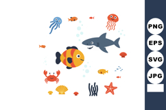 Colorful underwater sea life with fish, shark, jellyfish, cr Product Image 1