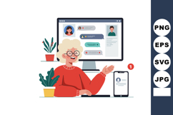 Elderly woman using video call computer and smartphone messa Product Image 1