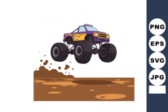 Monster truck jumping over muddy terrain with purple and yel Product Image 1