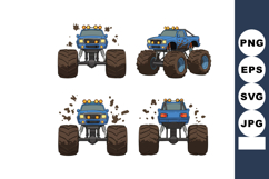 Blue monster truck with mud splashes in multiple views vecto Product Image 1