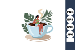 Woman Relaxing in Large Coffee Cup with Tropical Leaves Vect Product Image 1