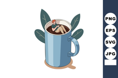Woman Relaxing in Large Blue Coffee Cup with Green Leaves Ve Product Image 1