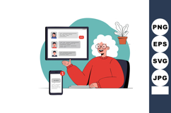 Elderly woman video chatting with family on computer and pho Product Image 1