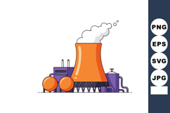 Industrial cooling tower with orange and purple factory buil Product Image 1