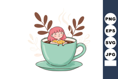 Girl Relaxing in Large Coffee Cup with Brown Leaves Illustra Product Image 1