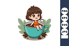 Cute girl relaxing in large blue coffee cup with coffee bean Product Image 1