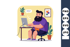 Bearded man working on computer with orange cat on lap in ho Product Image 1