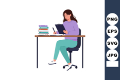 Woman sitting at desk writing notes with books and clipboard Product Image 1